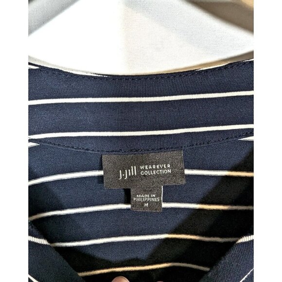 J Jill Wearever Navy Blue White Striped Top Sz M Scoop Neck 3/4 Sleeve Nautical - Picture 7 of 8